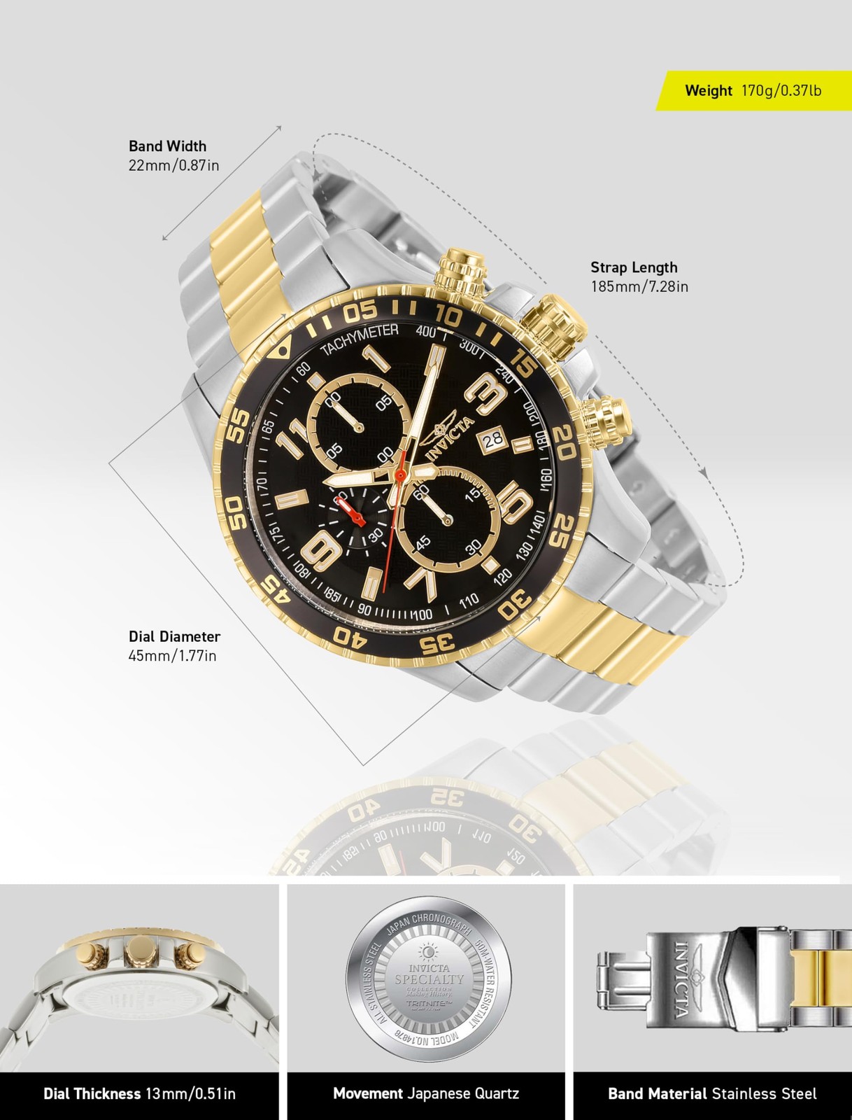 Invicta Men’s 14876 Specialty Chronograph Black Textured Dial Two Tone Stainless