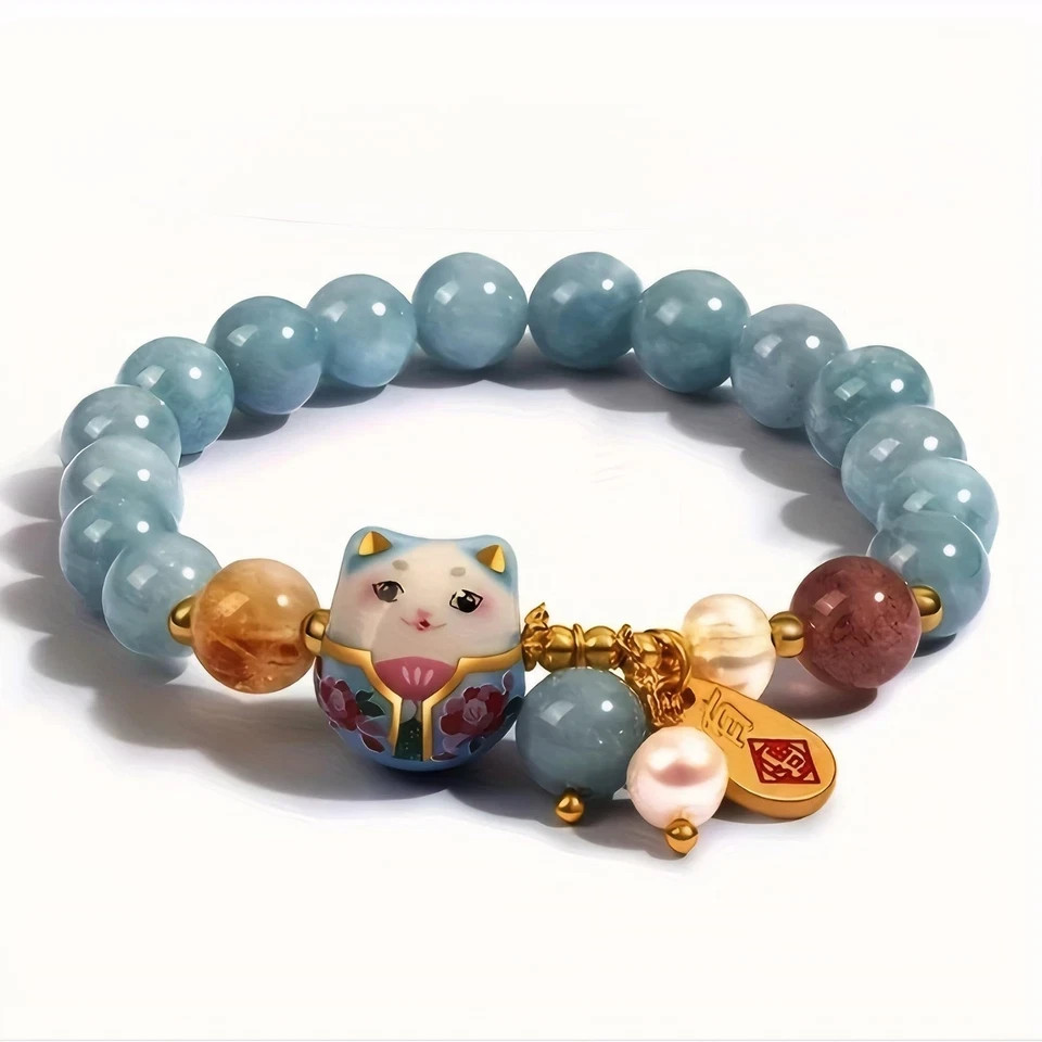Lucky Cat Bracelet with Blue Crystal, Ceramic Cat Pendant, Feng Shui Good Luck J