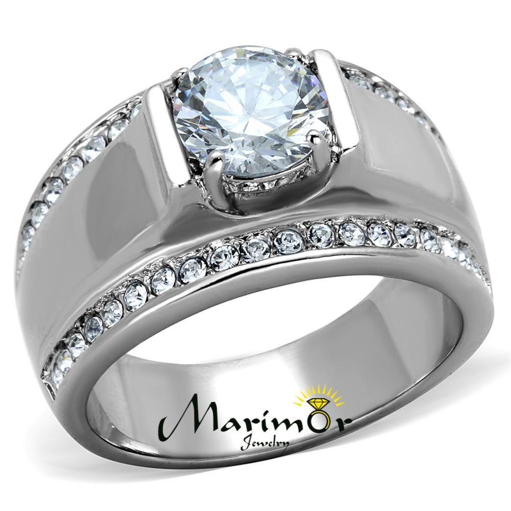 Men’s 2.25 Ct Round Cut Cubic Zirconia Silver Stainless Steel Ring Sizes 8-13