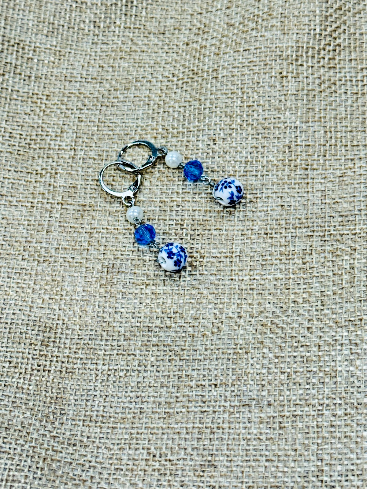 NEW Blue White Ceramic Round Bead & Silver Color Drop Earrings – Handcrafted