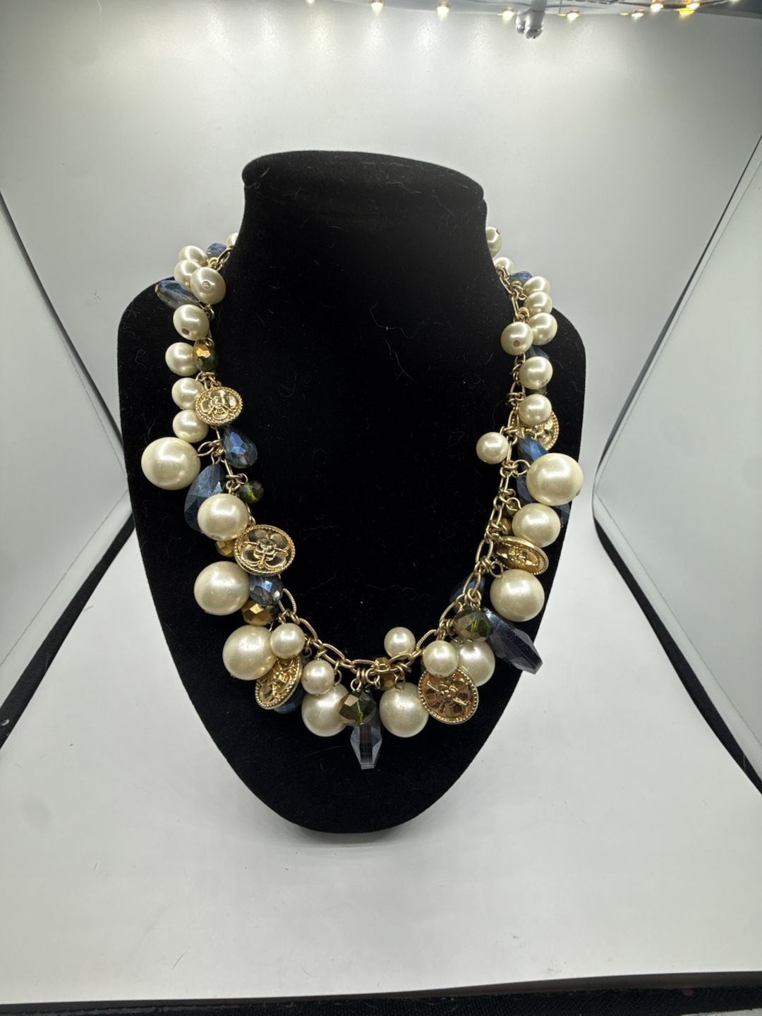 Charter Club Gold-Tone Faux Pearl and Blue Crystal Charm Statement Necklace