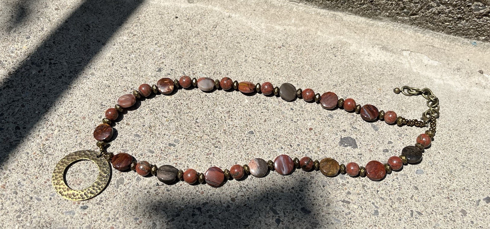 Mookaite Jasper Necklace with Brass Pendant, Red Jasper & Bronze Accents NEW 21″