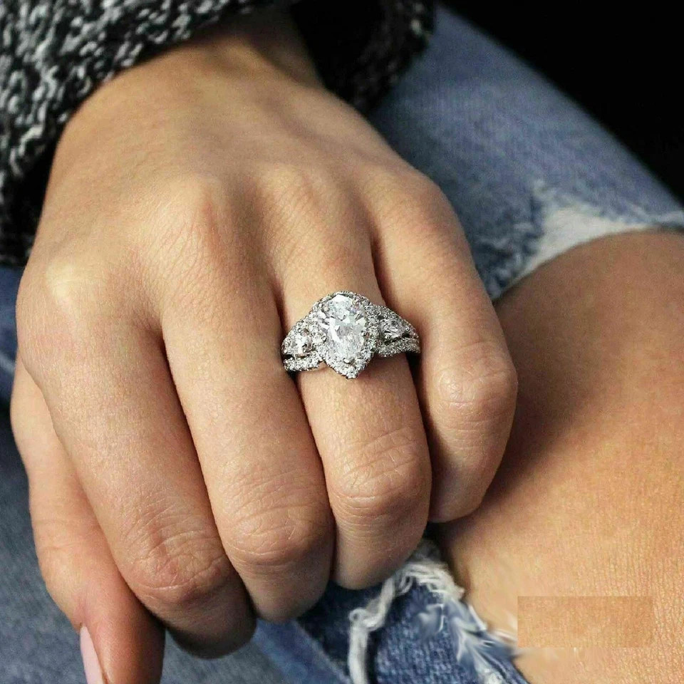 2.00Ct Lab Created Pear Shape Diamond Halo Wedding Ring 14K White Gold Over