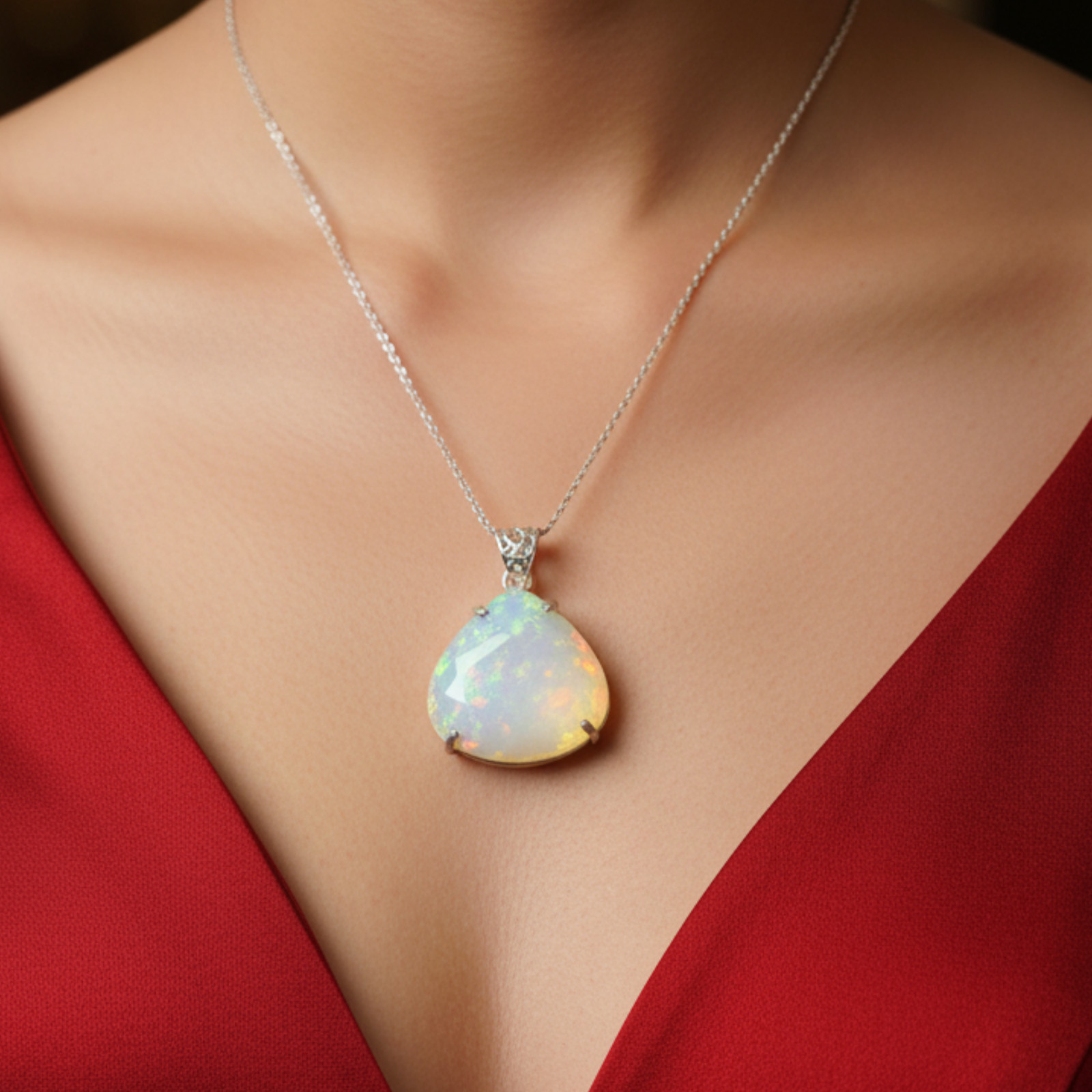 Elegant Opal Teardrop Necklace Blue-White Glow Pendant With Free Silver Chain