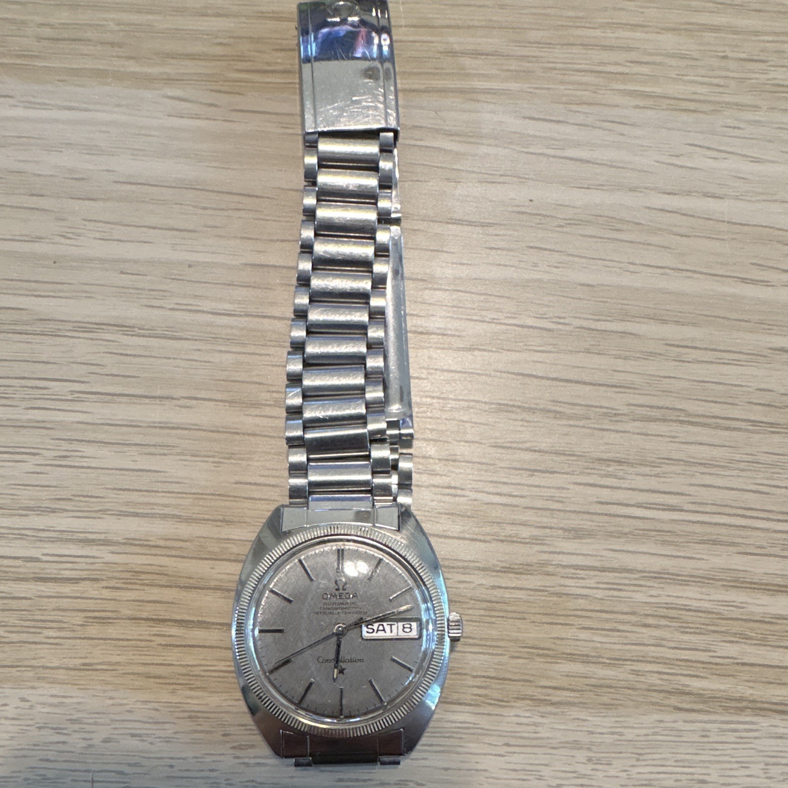 OMEGA C Constellation Chronometer Auto Day-Date Linen Dial SS 14KT Bezel