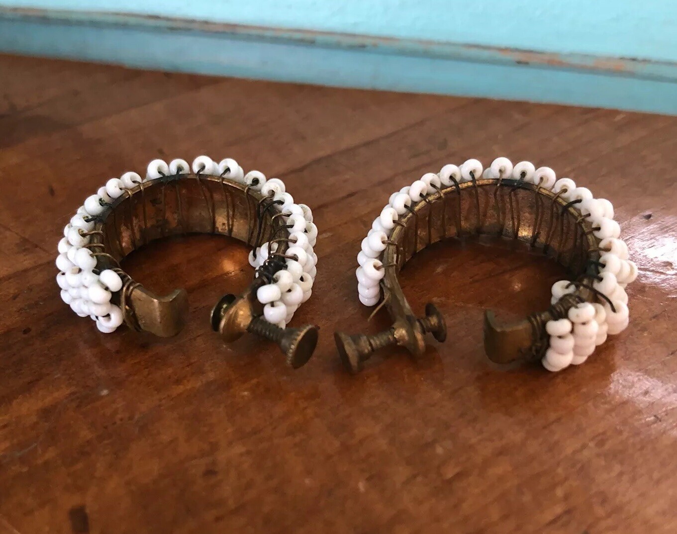 Vintage White Beaded Screwback Hoop Wire Wrapped Earrings