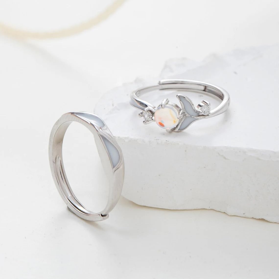 Adjustable Moonstone Silver Promise Rings Set for Couples – Matching Gift for Hi