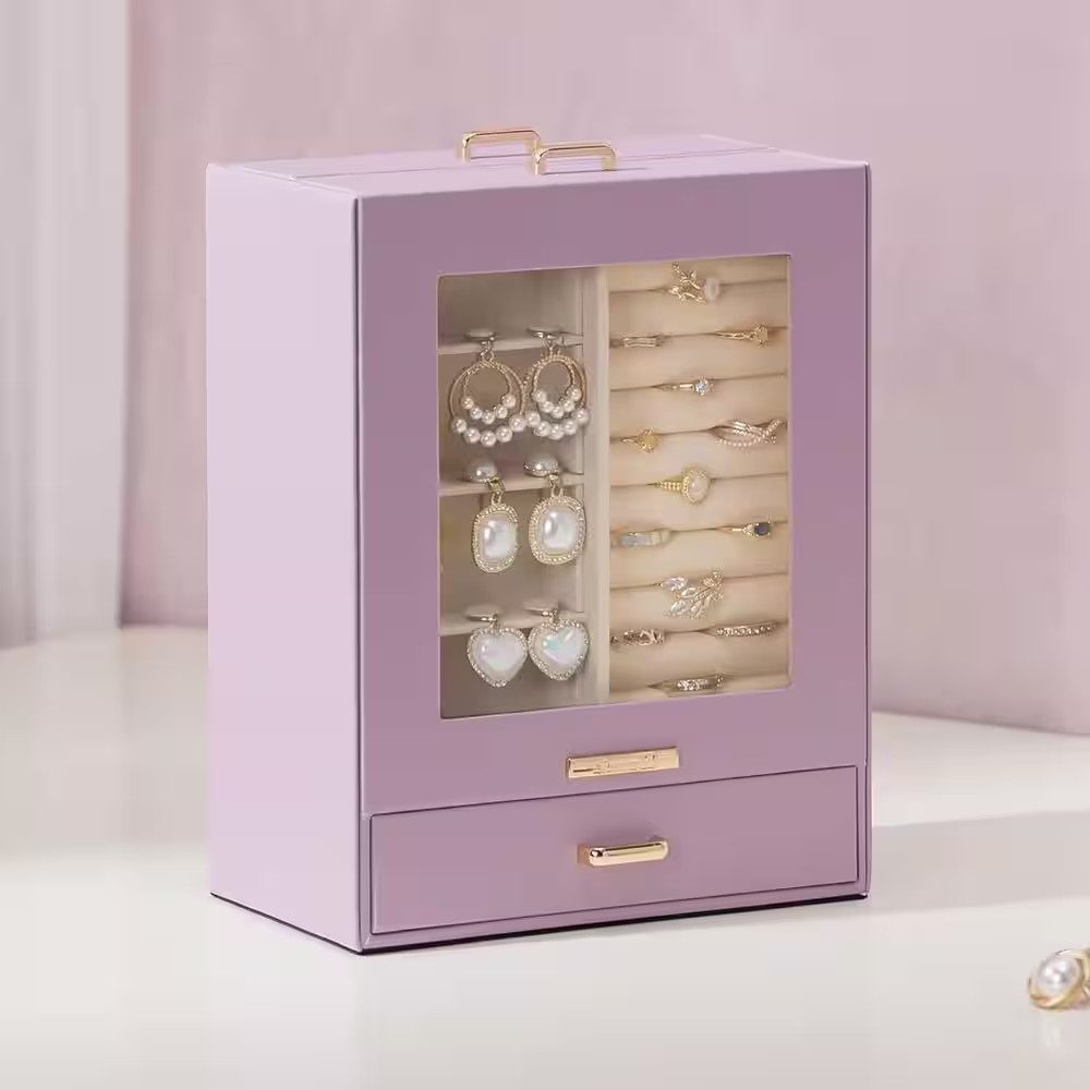 Grey Purple 7 In. X 9 In. Polyurethane Modern Jewelry Box with 3-Drawers