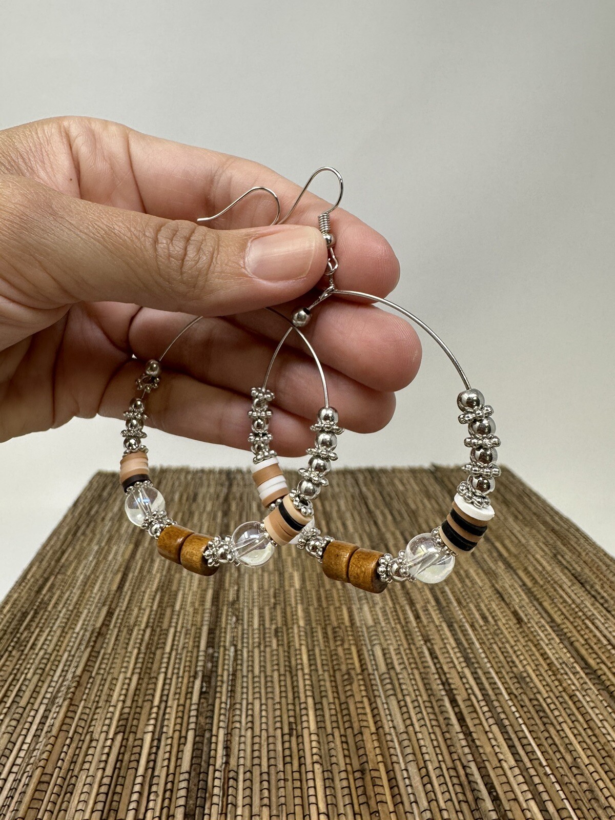 Silver tone boho hoop earrings handmade with wire and beads bohemian earrings