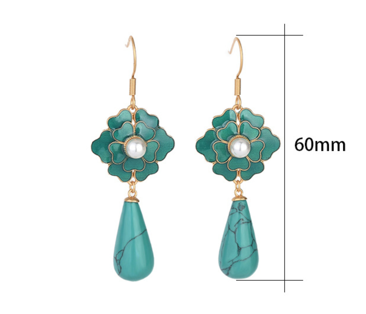 Turquoise Drop Dangle Earrings Cloisonne Boho Gemstone Flower 18K Gold Plated