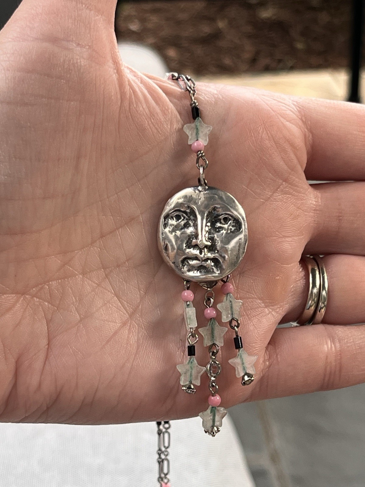 Lucy Isaacs NYC Necklace Celestial Moon Face Whimsigoth 27”