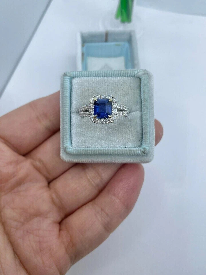 2Ct Emerald Cut Lab-Created Sapphire Halo Engagement Ring 14K White Gold Plated