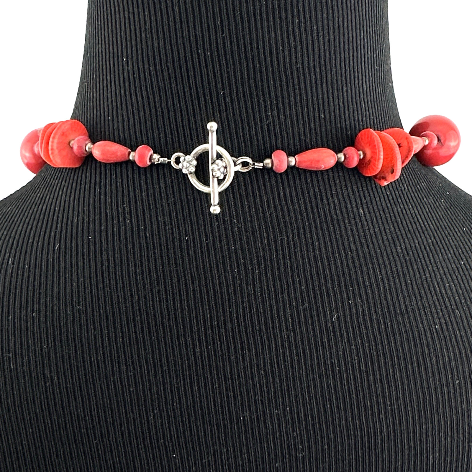 BAMBOO CORAL necklace – artisan-made red beads sterling silver toggle clasp
