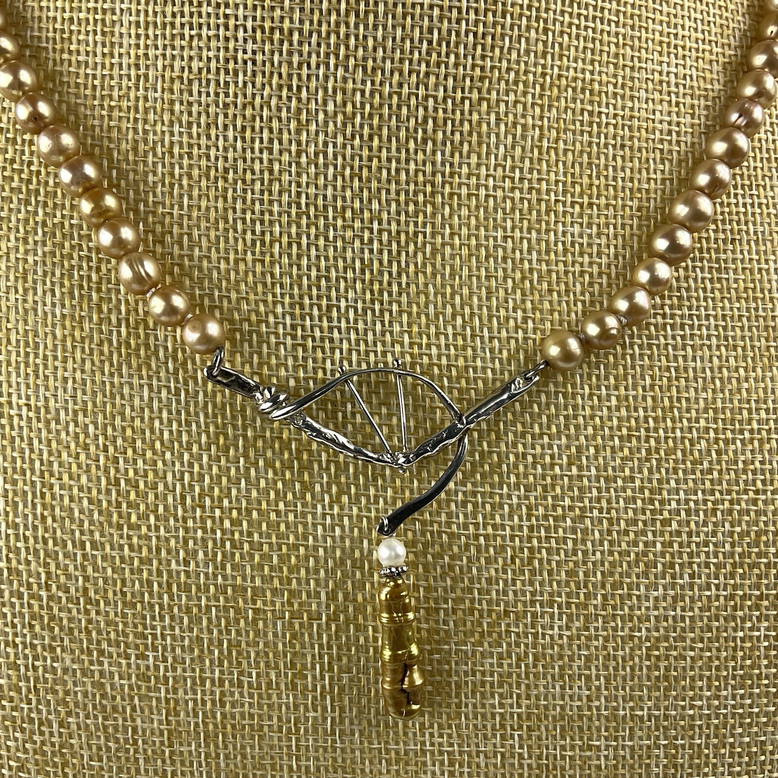 Artisan Sterling Silver Baroque Dangle Pendant Necklace Golden Pearl Near Round