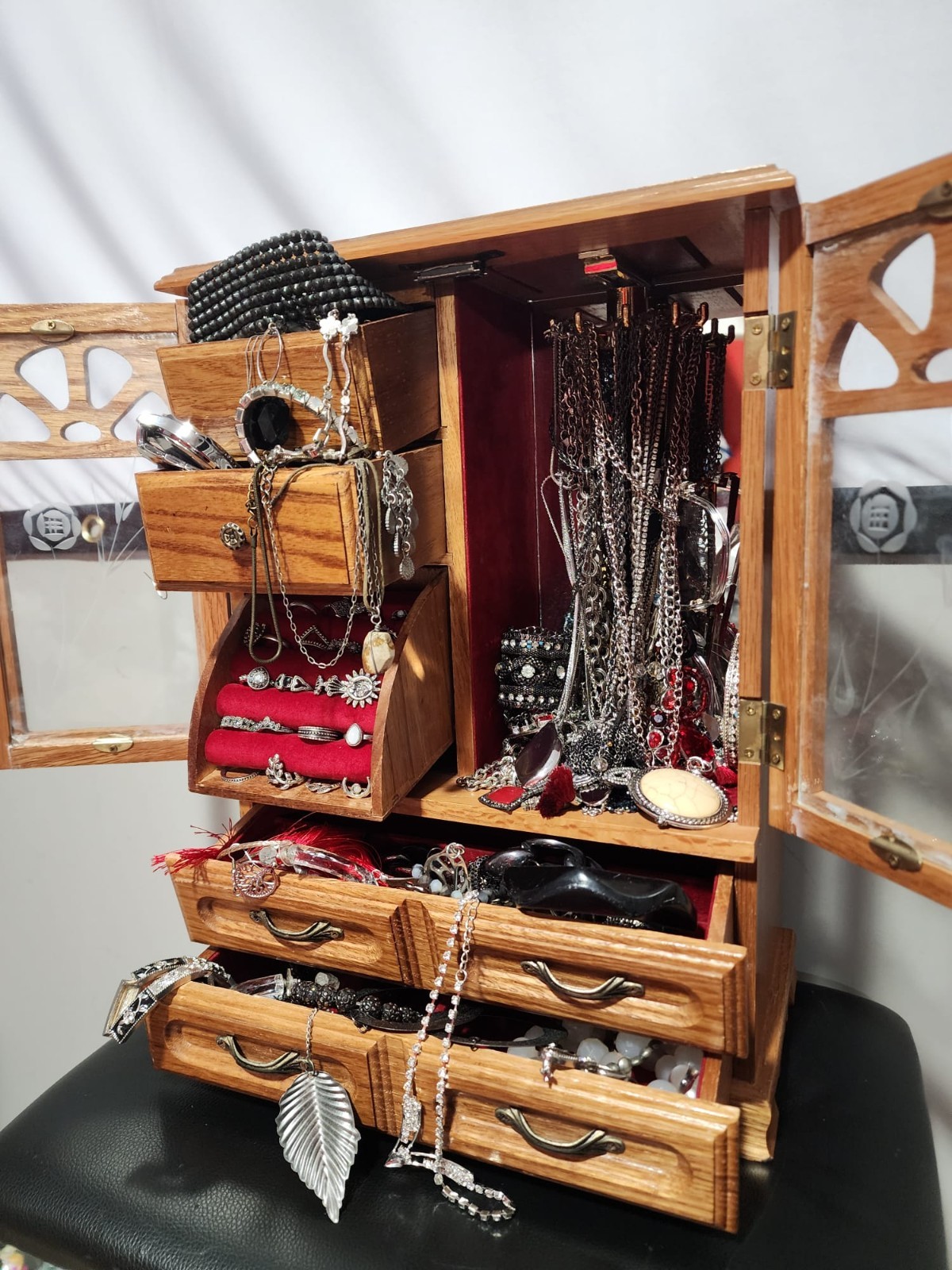 Vintage Wooden Tabletop Jewelry Armoire Box with Silver Jewelry Bundle Included!