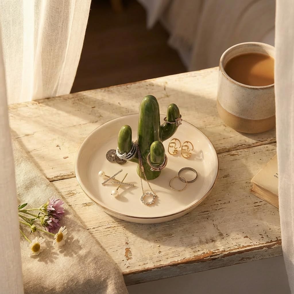 Ceramic Cactus Jewelry Holder & Ring Dish – Succulent Decor for Vanity & Sink, C
