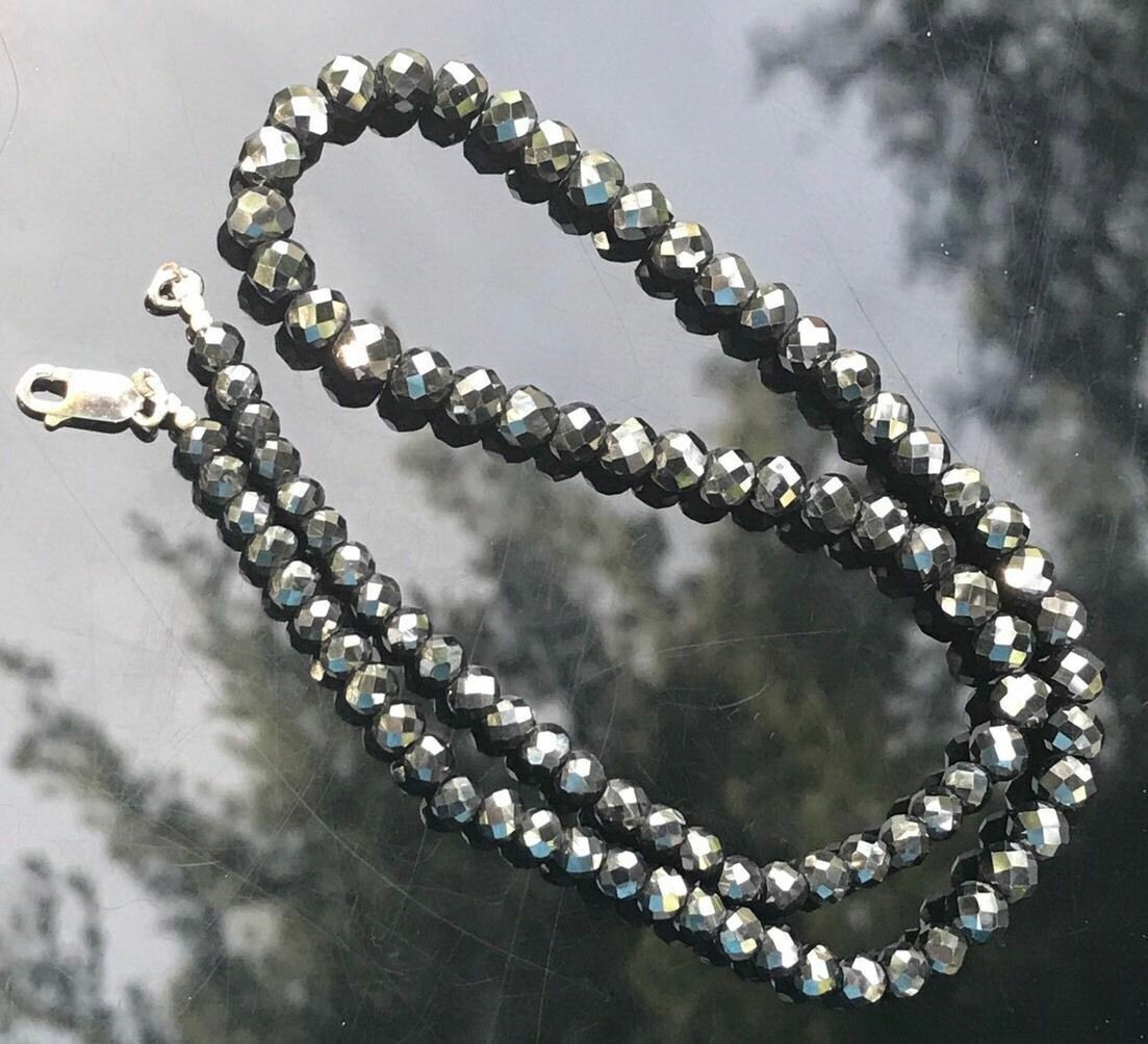 Black Diamond Necklace 4mm Certified Beads Silver 26 Inches Faceted 925