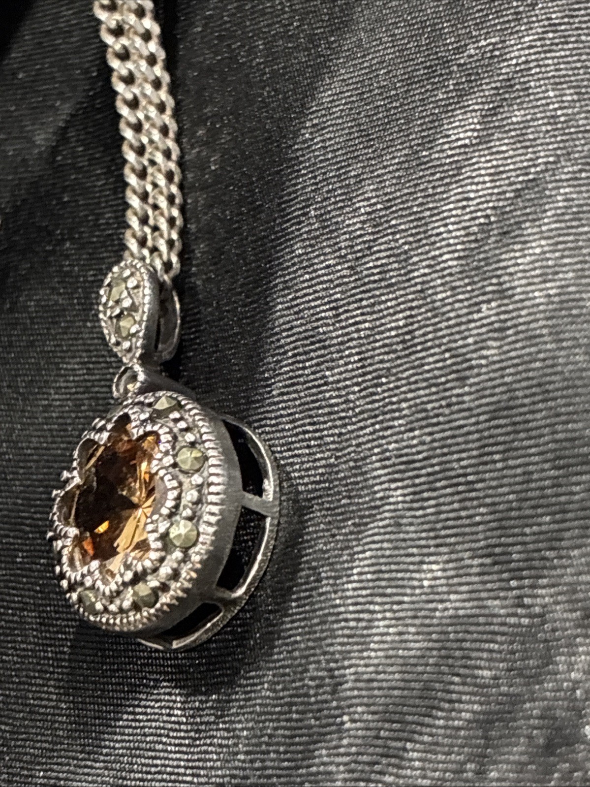 925 Italy Sterling Silver Curb Chain Peach Halo Black Marcasite Pendant Necklace