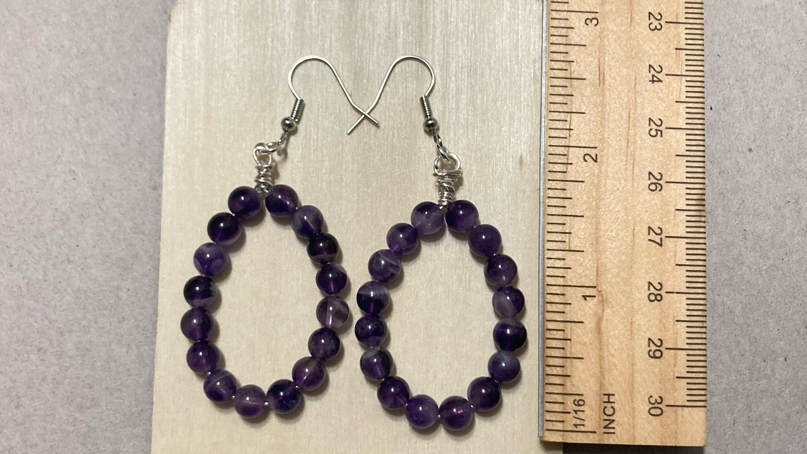 Purple Amethyst Oval Hoop Dangle Drop Bead Handmade Wire Wrap Earrings 2.5 Inch