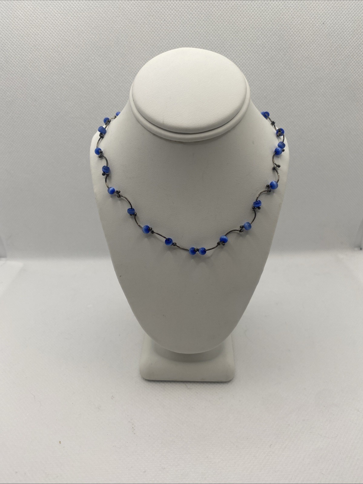 Silver Tone Vine Link Bar And Ball Necklace With Blue Beads