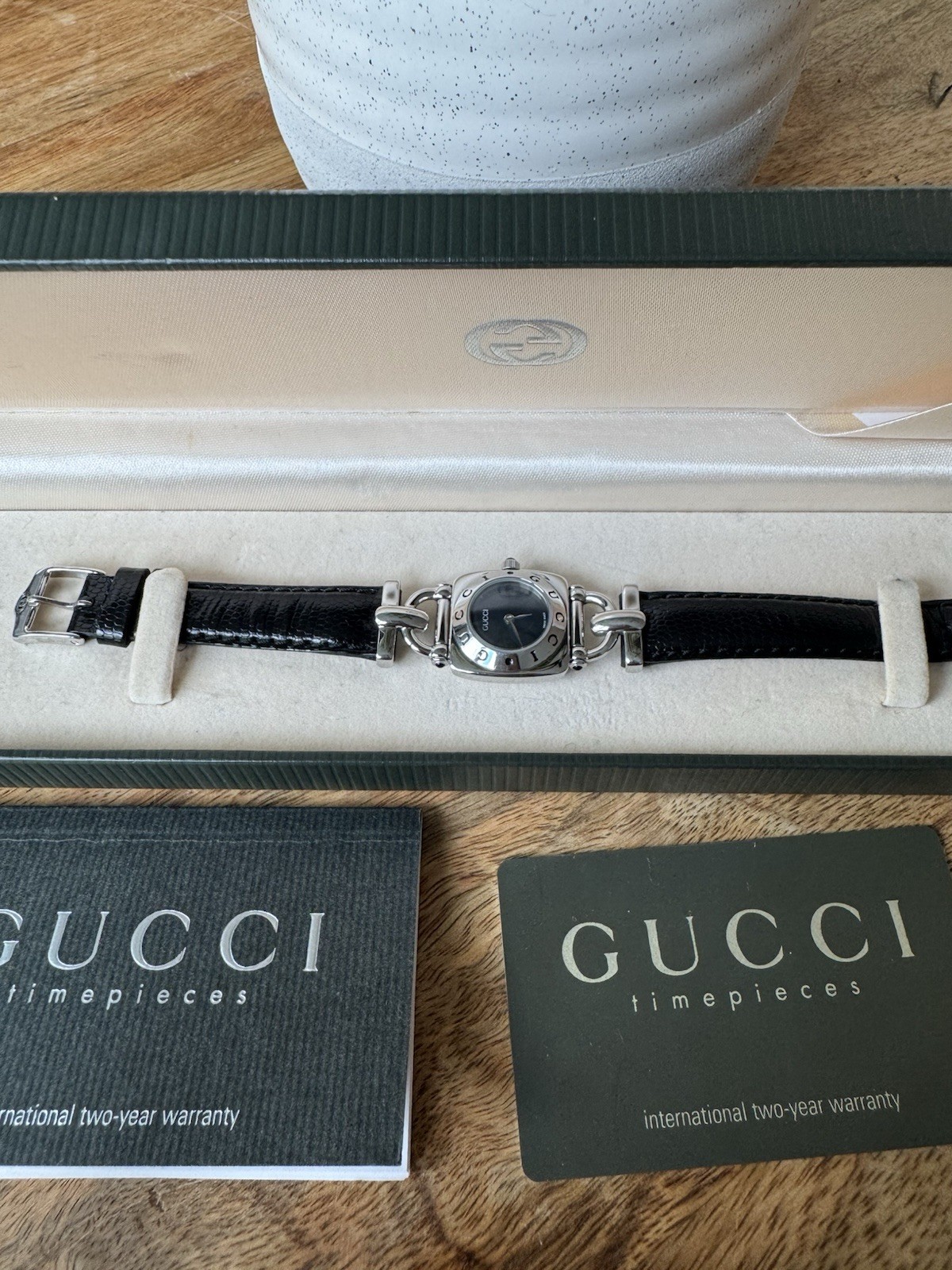 Vintage Gucci Silver and Black Round Dial Link Bracelet Watch with Box & Papers