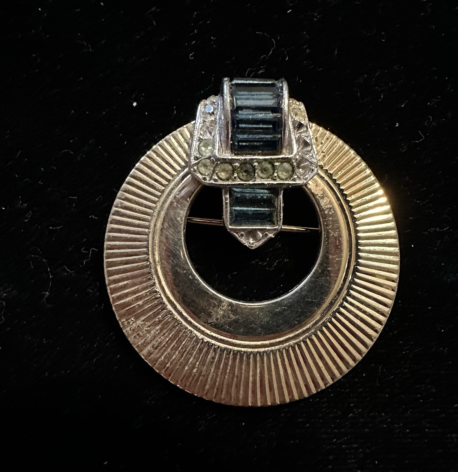 Boucher Circle Pin W/ Buckle Blue Rhinestones