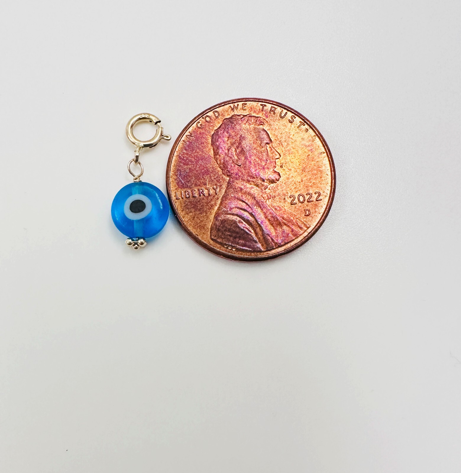 14K Solid Yellow Gold Millefiori Glass Blue Evil Eye Charm Pendant Spring Clasp