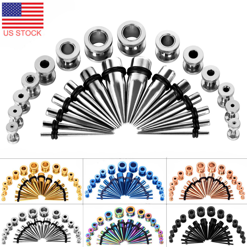 28PCS Ear Stretching Gauges Set Tapers Tunnels Plugs Kit 12G-00G Stainless Steel