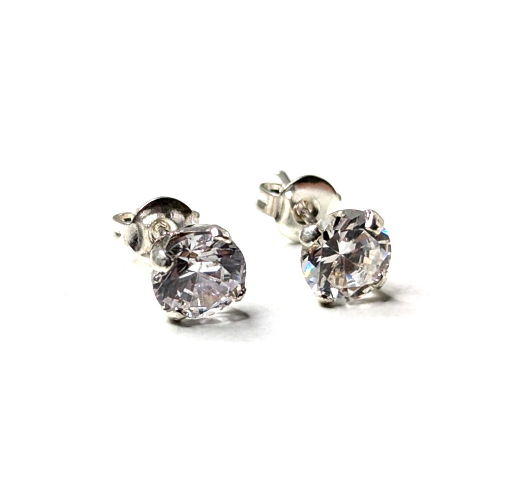Sterling Silver 925 Minimalist Clear CZ Solitaire Stud Push Back Earrings 1.1g