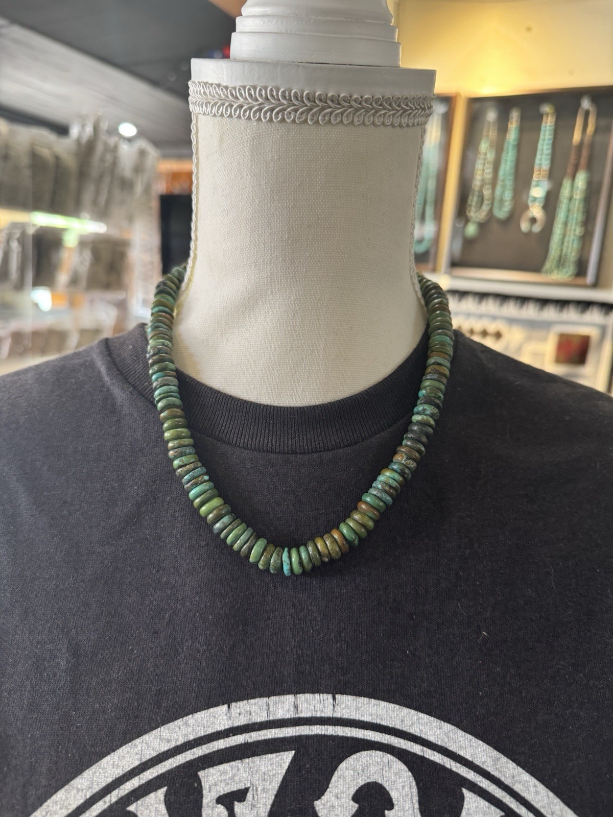 Green Turquoise Heishi Rondelle Bead Necklace Silver Hook Clasp Closure