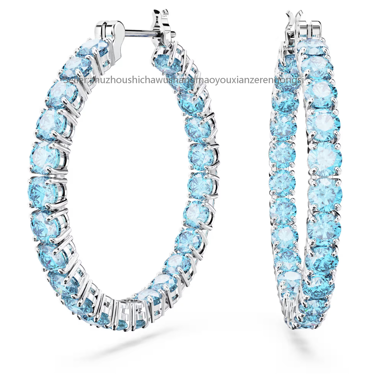 Matrix Blue Rhodium Plated Hoop Earrings Round Cut New
