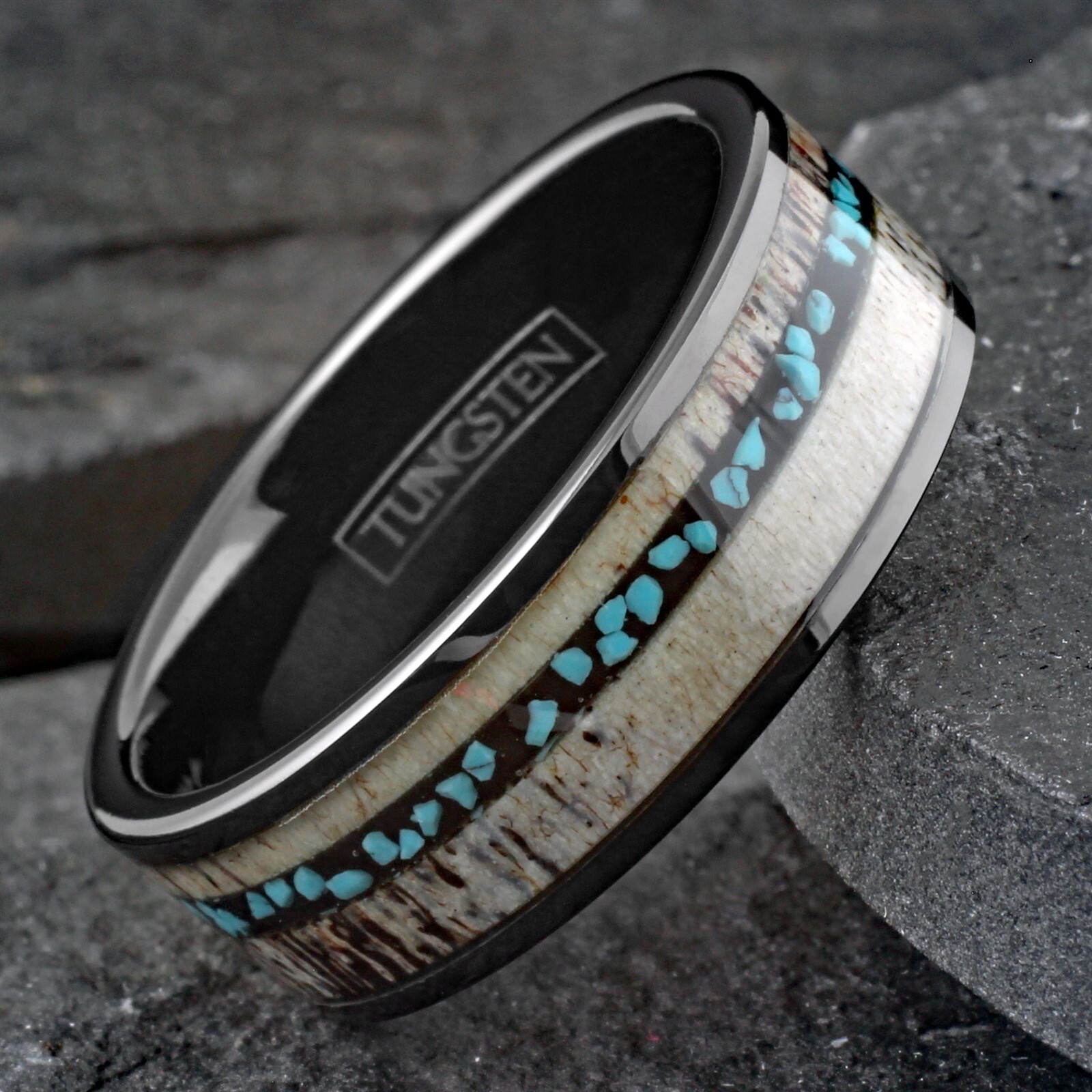 Black Tungsten Carbide Men’s Ring Deer Antler & Turquoise Wedding Band