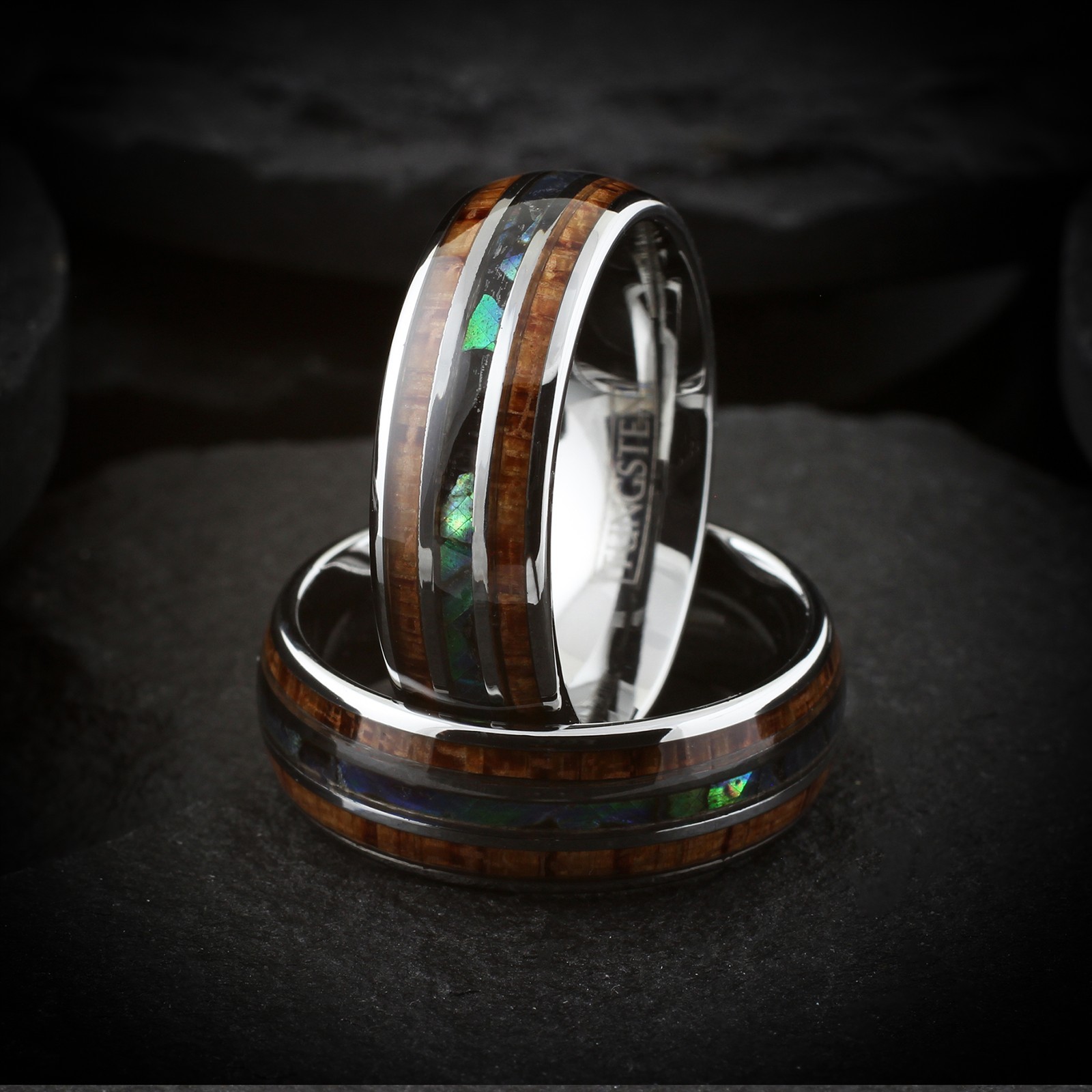 6/8mm Gorgeous Silver Tungsten Carbide Men’s Abalone & Wood Wedding Band Ring