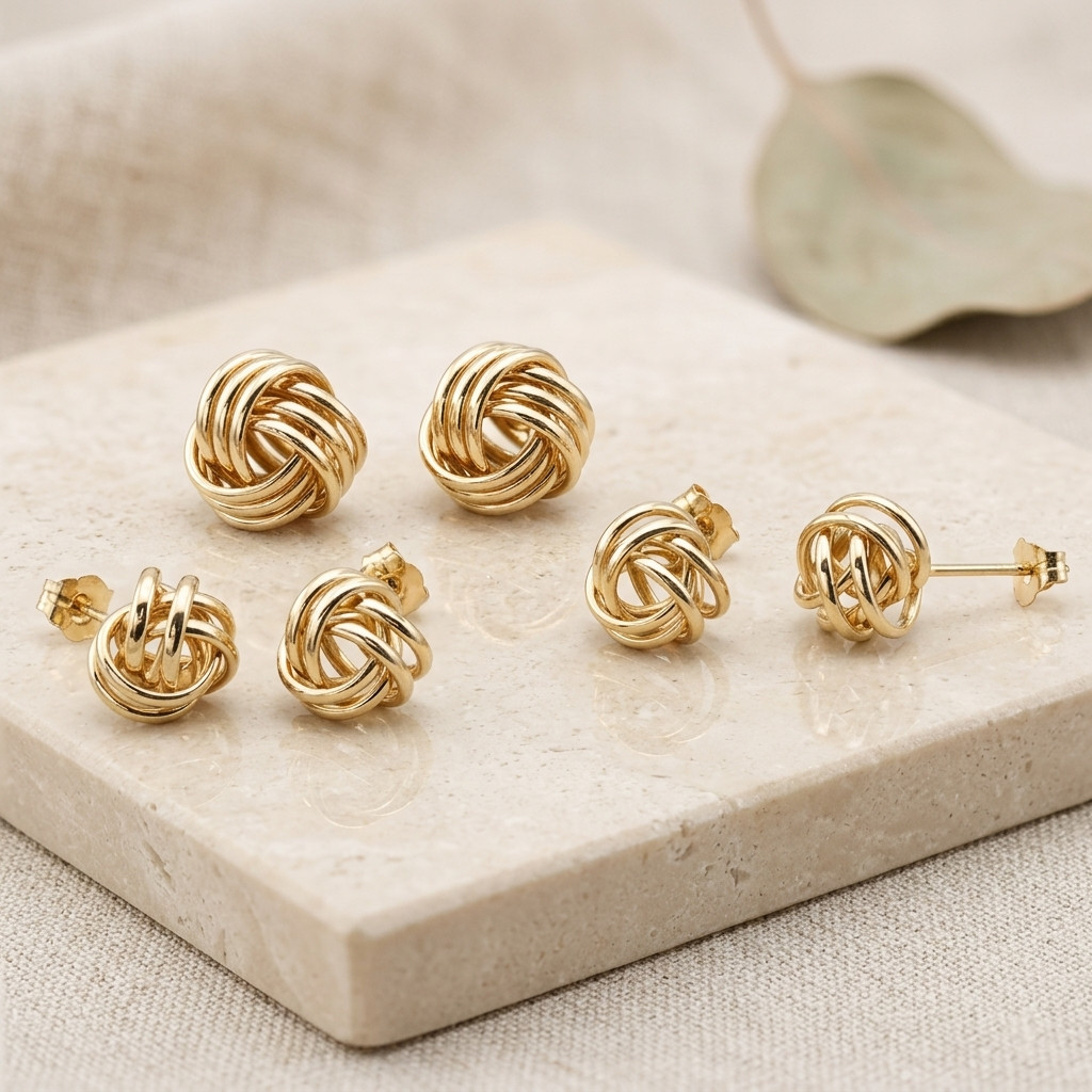 14K Real Solid Gold Polished Love Knot Sleeper Studs Earrings Push-back 7mm