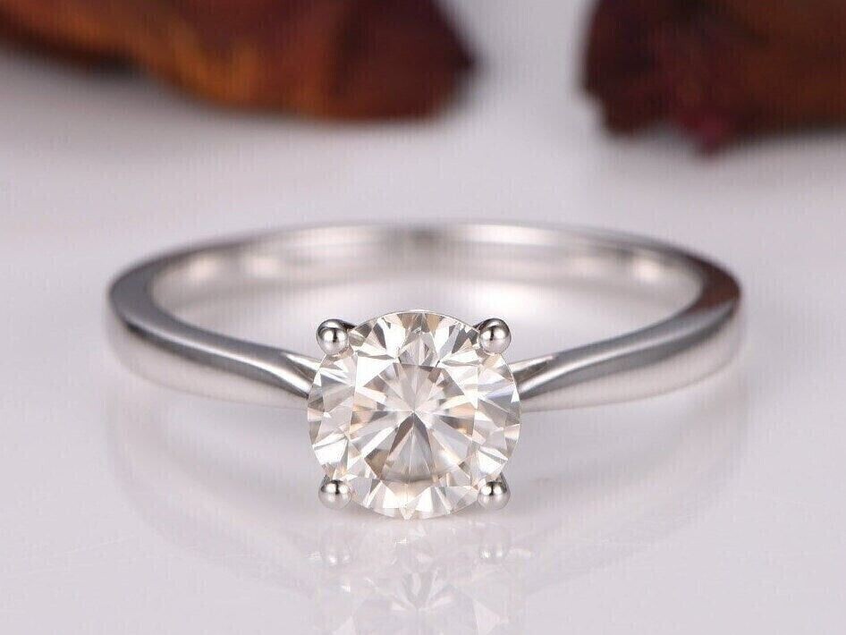 2.00 ct Round Cut Real Moissanite Solitaire Engagement Ring 14K White Gold Plate