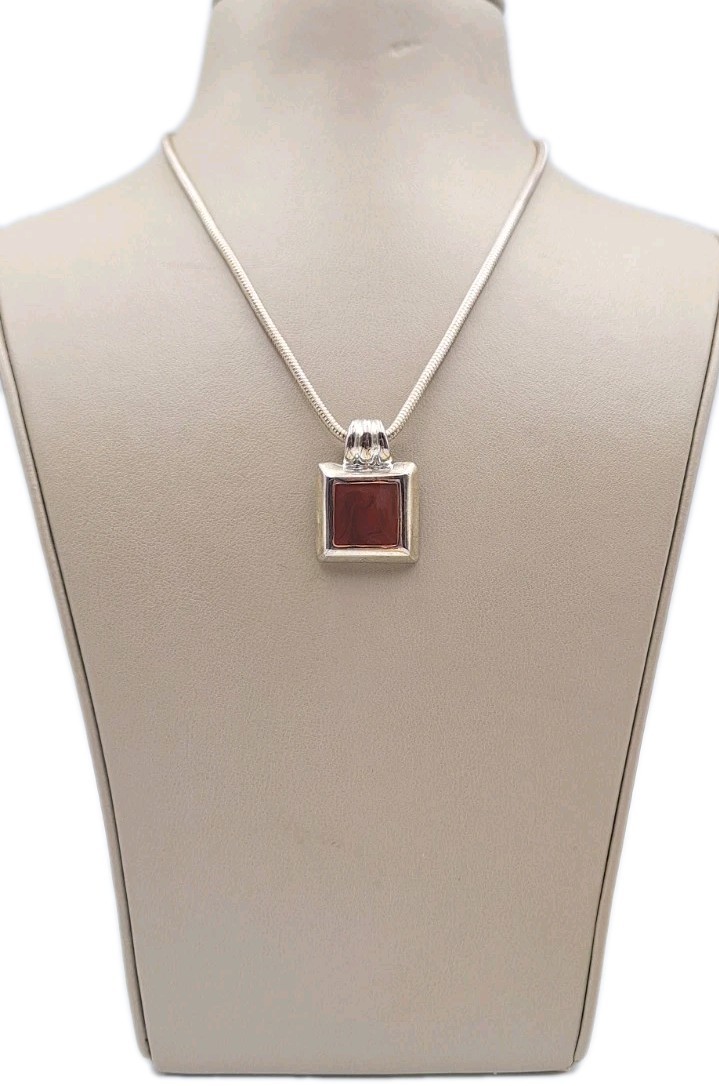 Silvertone Square Enamel Inlay Pendant Charm Necklace Round Snake Chain 16″-19″