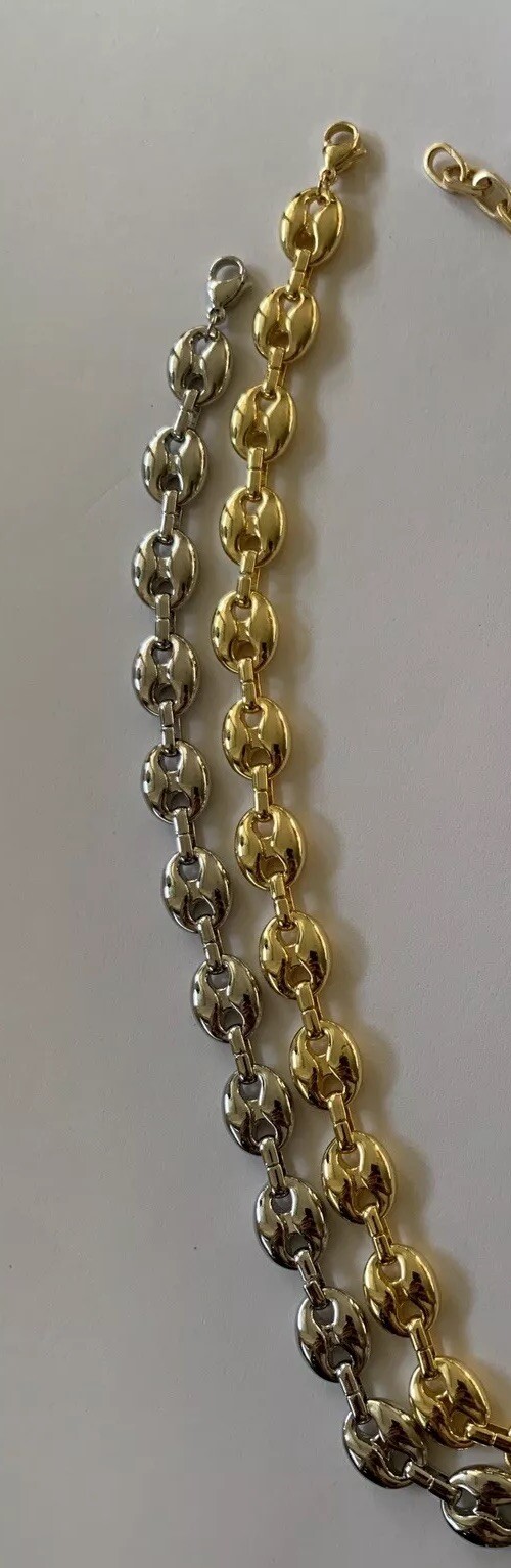 14k White gold Plated Puffy Puffed Anchor Mariner Link Chain Necklace 1cm thick