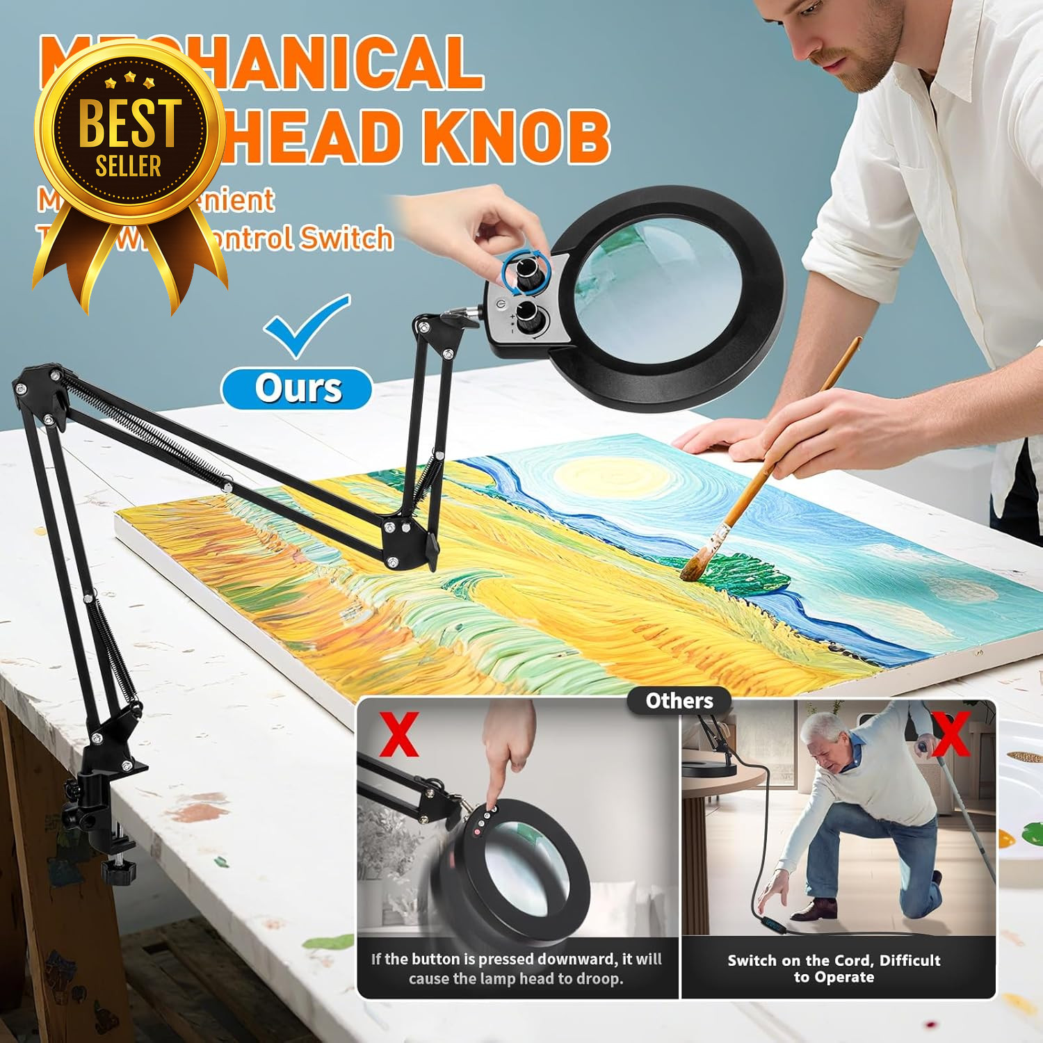12X Magnifying Lamp with Clamp LED Light Dimmable 35in Arm Glass Lens