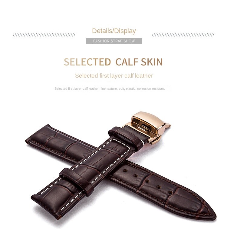 Premium Genuine Leather Watch Strap Butterfly Buckle Crocodile Grain Band12-24mm