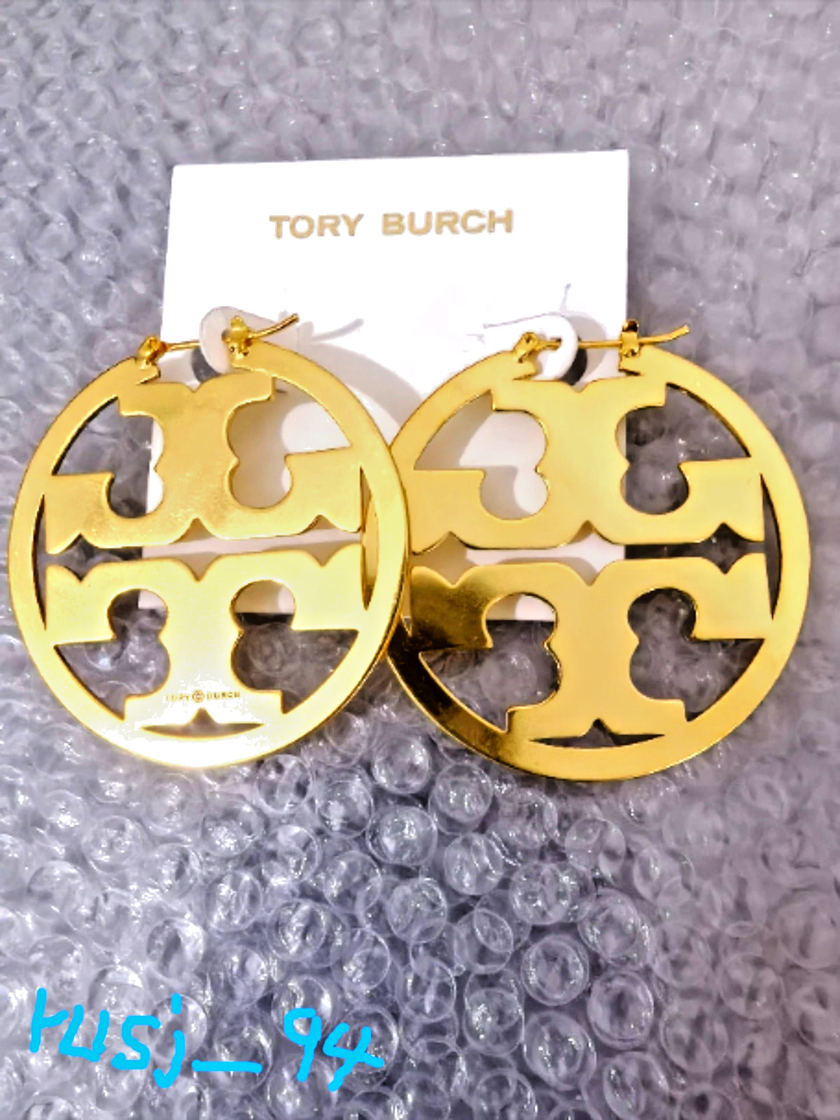 Tory Burch Miller Gold Double T Logo Large Hoop Earrings