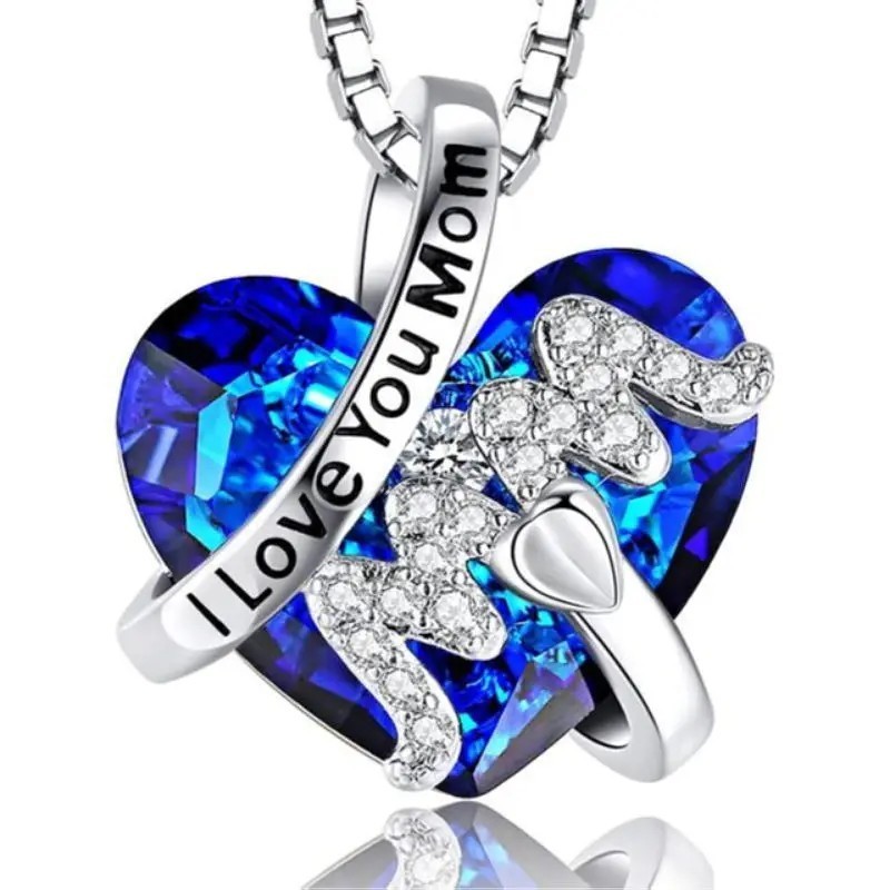 Heart Mom Pendant Necklace I Love You Mom Blue Crystal Silver Jewelry Gift
