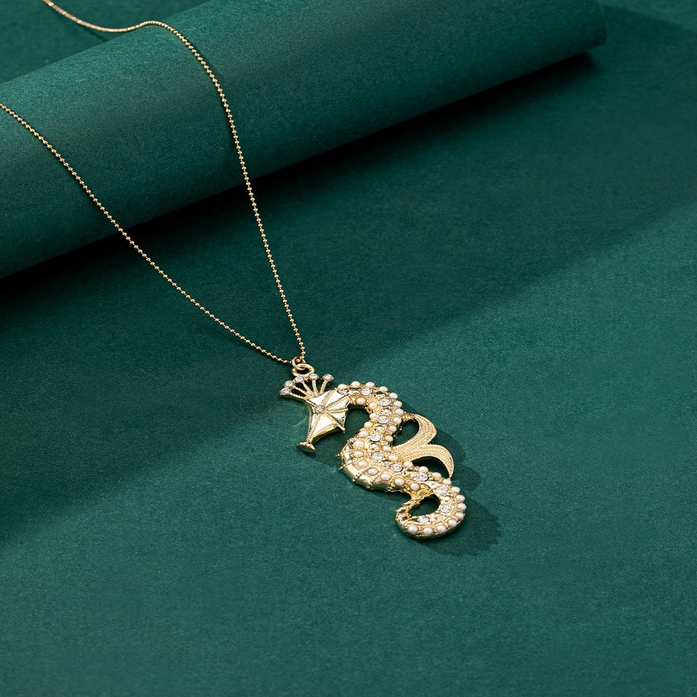 Ocean Series Long Necklace Crystal Inlaid Gold Alloy Pendant Adjustable Chain