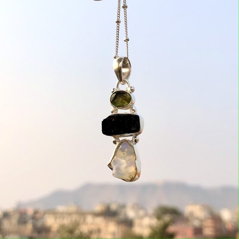 Raw Rough Opal Pendant Black Tourmaline Peridot Gemstone Jewelry Women’s Pendant