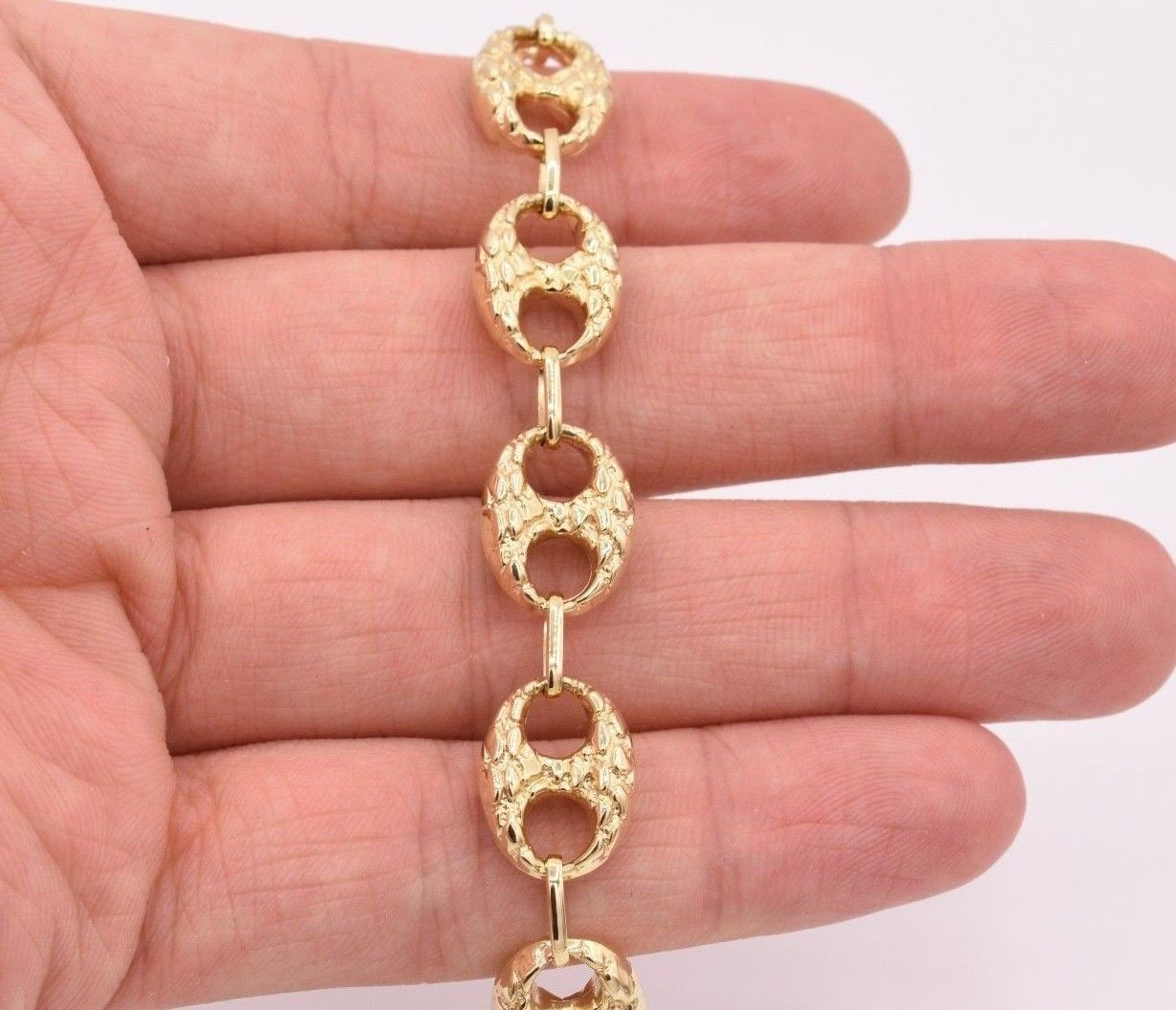12mm Puffed Mariner Anchor Nugget Textured Chain Bracelet Real 10K Yellow Gold