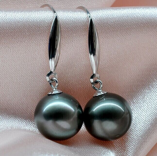 PAIR 12MM NATURAL SOUTH SEA TAHITIAN BLACK PERFECT ROUND PEARL DANGLE EARRING AA