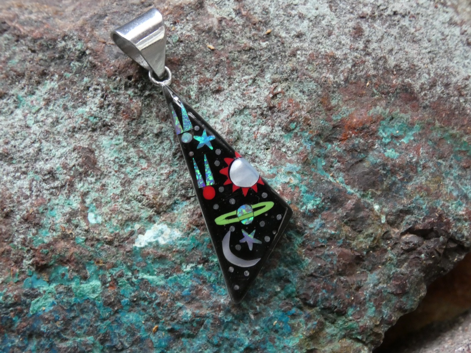 Cosmic Night Sky Multi Gemstone Opal Aluminum Sterling Silver Alloy Pendant AS99