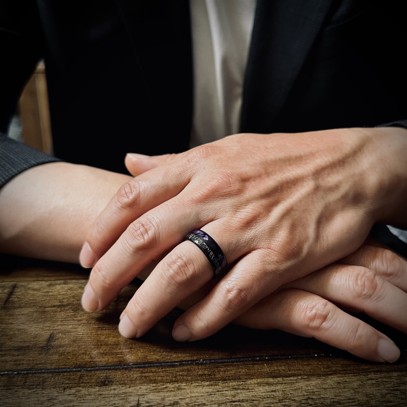 Black Tungsten Carbide Ring Purple Shell and Faux Meteorite Stripe Wedding Band