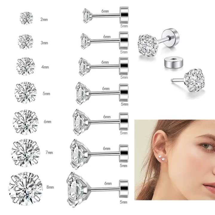 Hypoallergenic Silver Stainless Steel Round CZ Stud Earrings Screw Back PE31