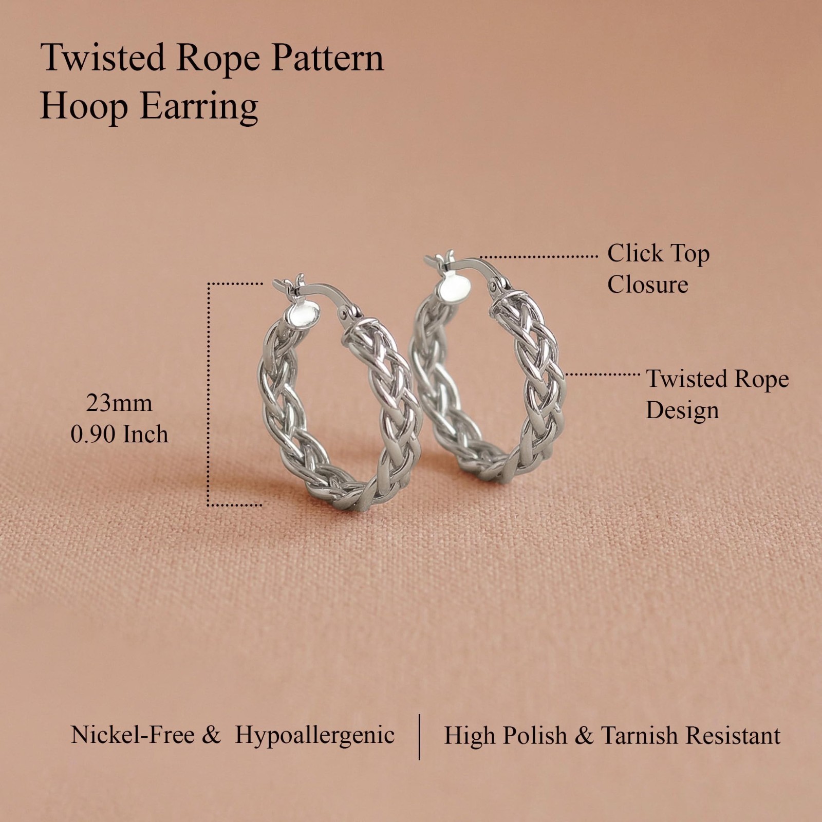 925 Sterling Silver Post Lightweight Twisted Rope Hoop Earrings for Women 23 mm