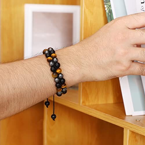 Triple Protection Tiger Eye Hematite Obsidian Bead Healing Adjustable Bracelet